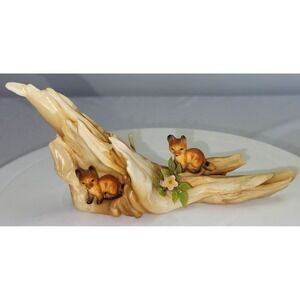 Baby Fox Kits on Driftwood Wax Candle Figurine Home Decor Brown Tan Vtg RARE!